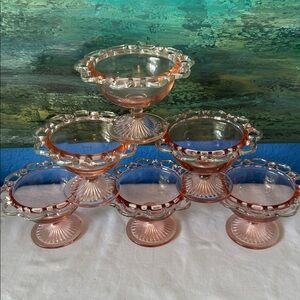 6 Vintage Old Colony Lace Edge Open Lace Ribbed Pink Depression Glass Bowl